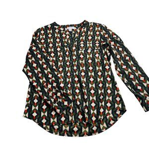 Calvin Klein Womens Long-Sleeve Geometric Pattern‎ Button-Down Blouse L
